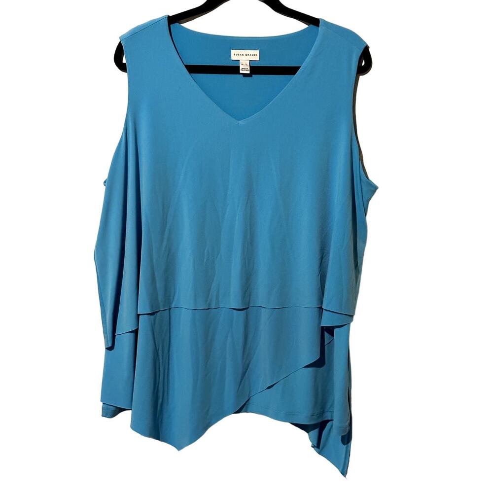 Susan Graver Blue Tank Hi-Lo Tiered Hemline V-Neck Women Sz XL Minimalist Career